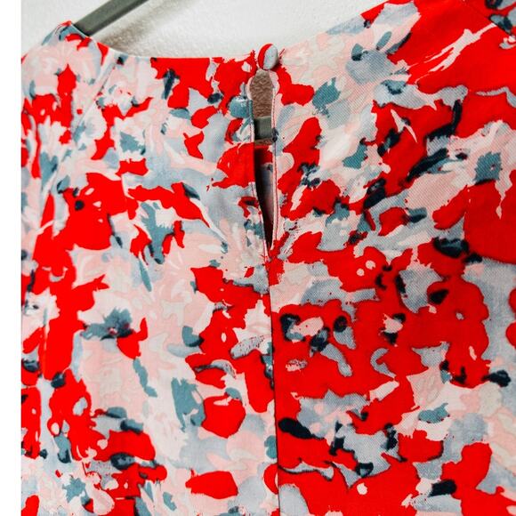 Cute Red Pink Blue Floral 3/4 Cuffed Sleeves Wide Round Neck Blouse Top L - Picture 6 of 10